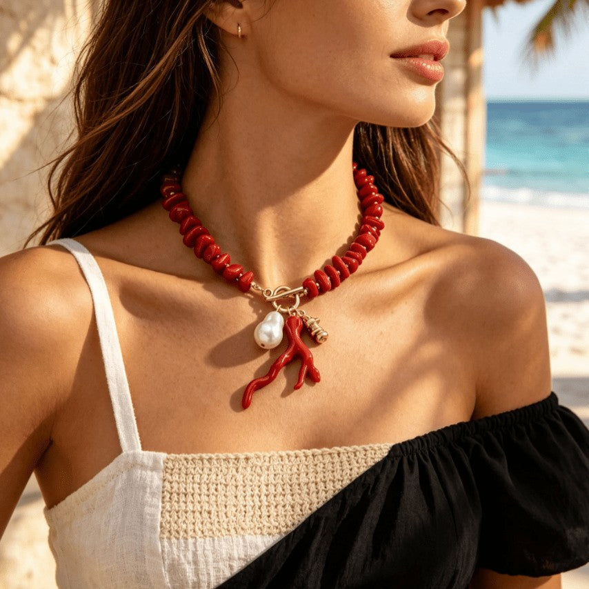 Boho Red Coral Branch Pearl Necklace