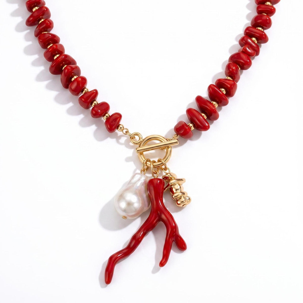 Boho Red Coral Branch Pearl Necklace