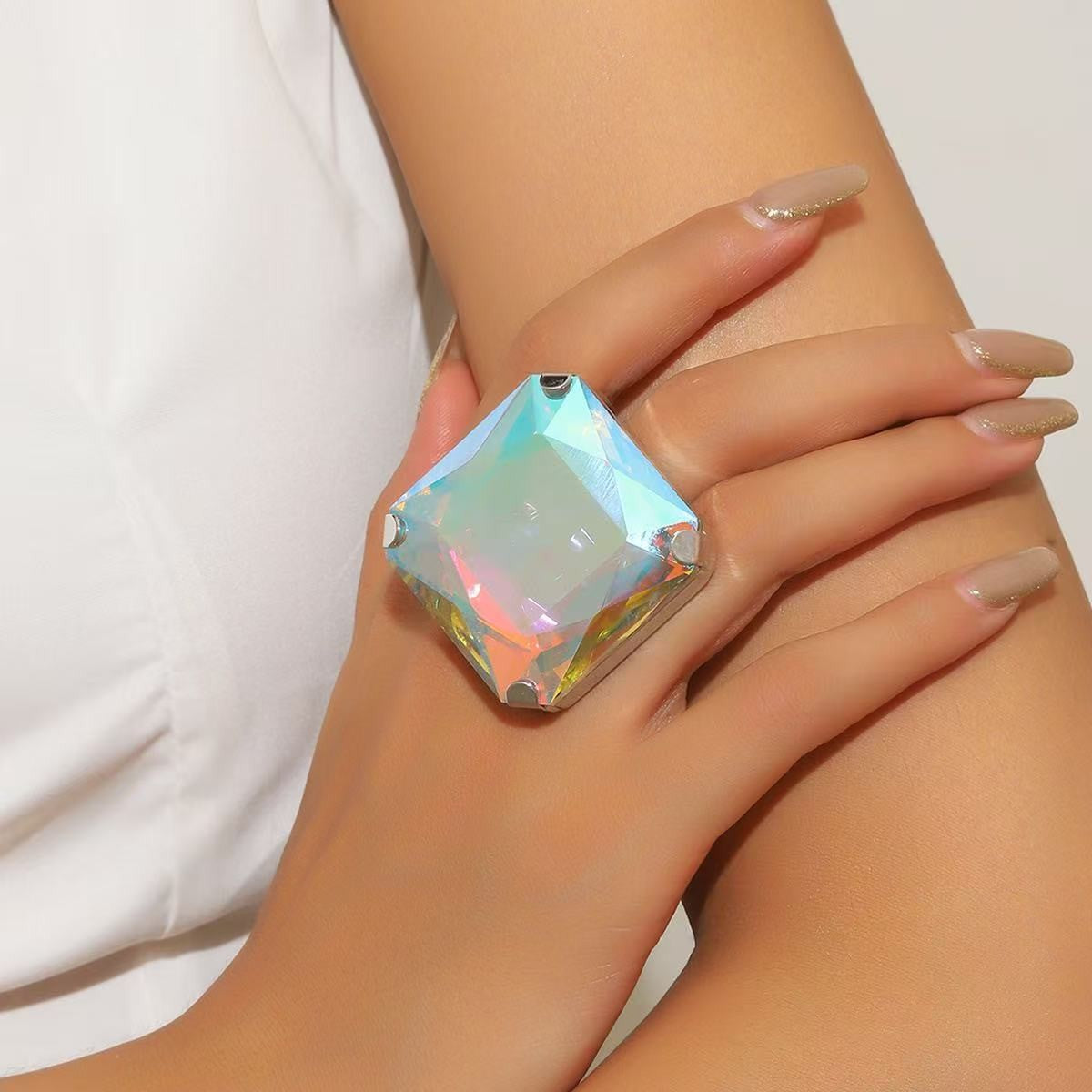 Statement Iridescent Square Open Ring
