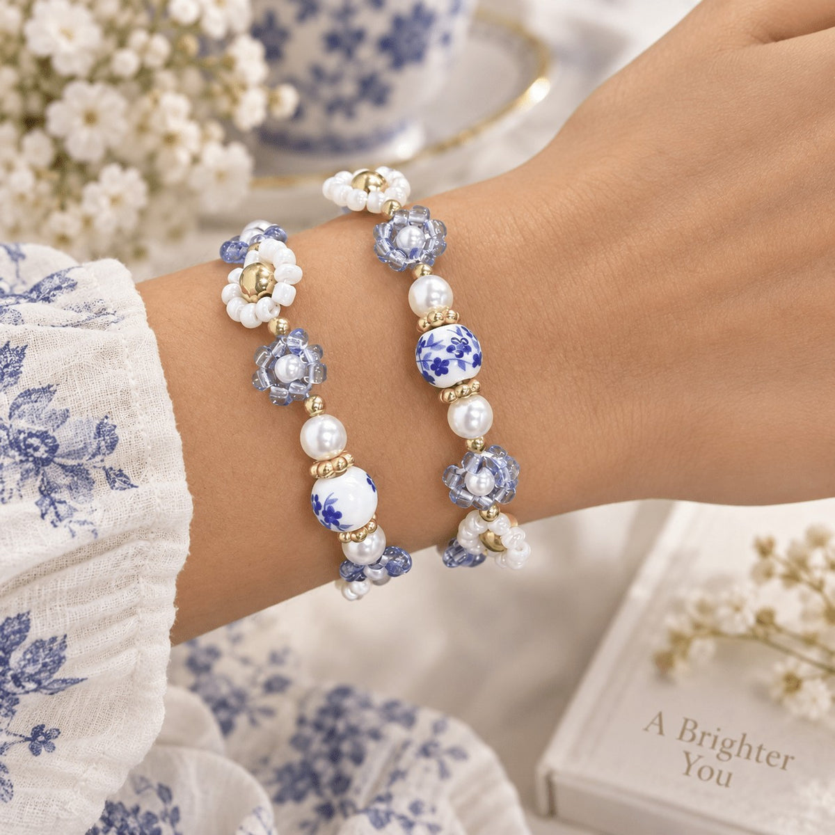 2pc Boho Blue Porcelain Flower Bracelet Set