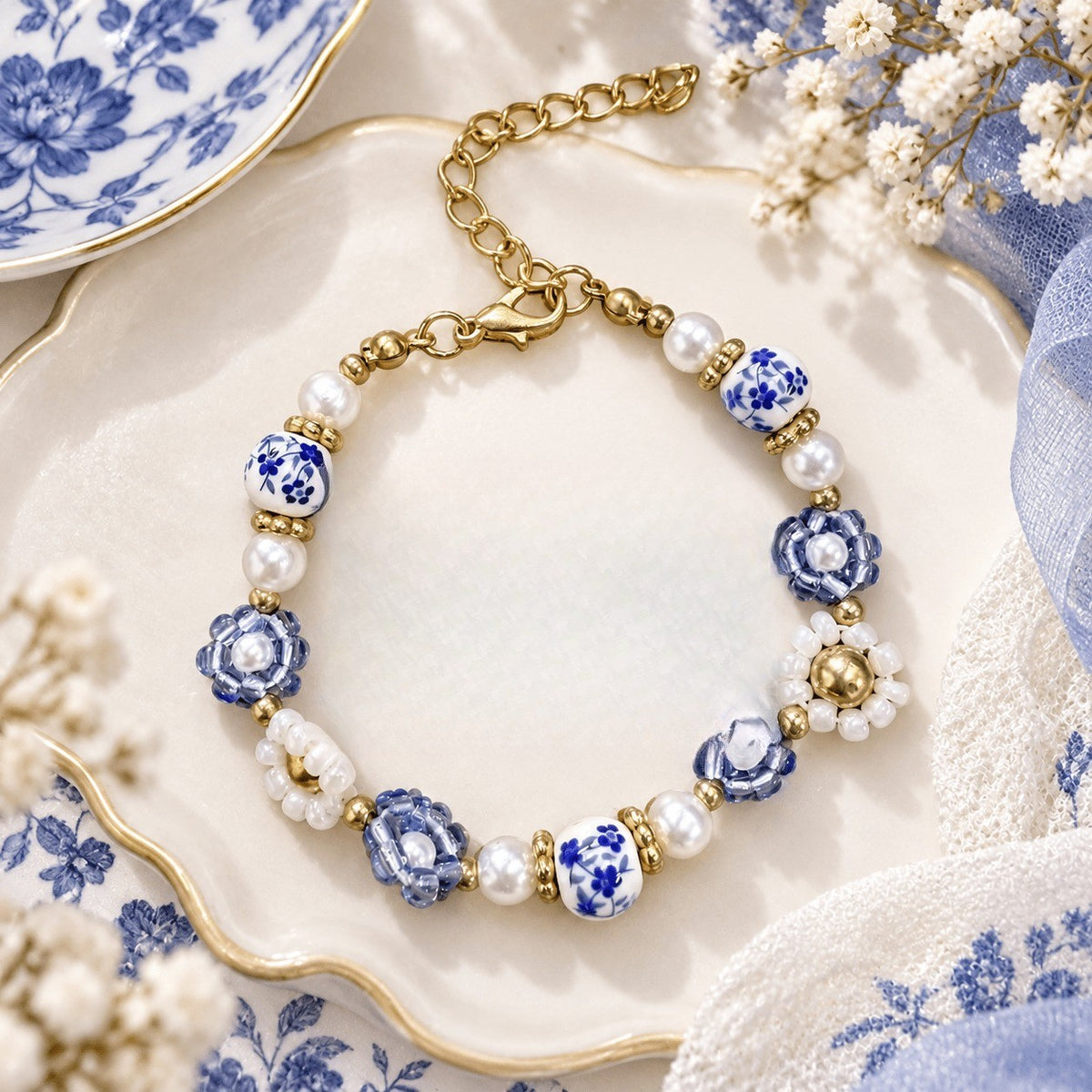 2pc Boho Blue Porcelain Flower Bracelet Set