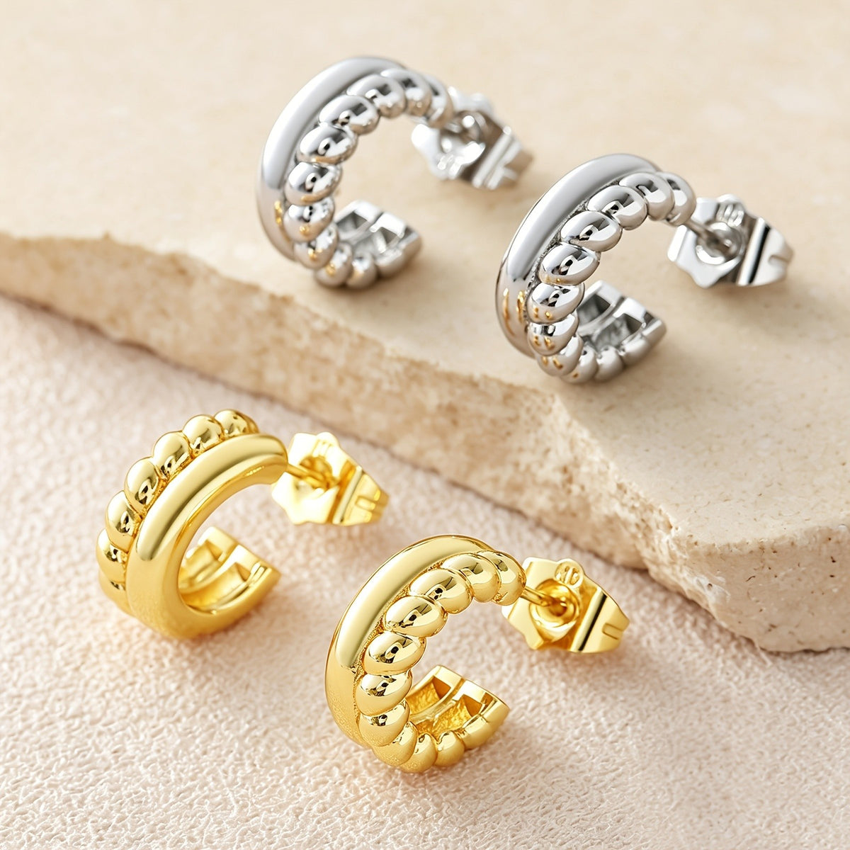 18k Classy Double Row Bead C-Hoop Earrings