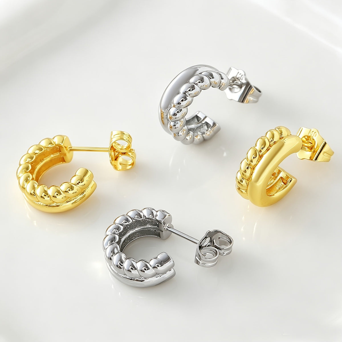 18k Classy Double Row Bead C-Hoop Earrings
