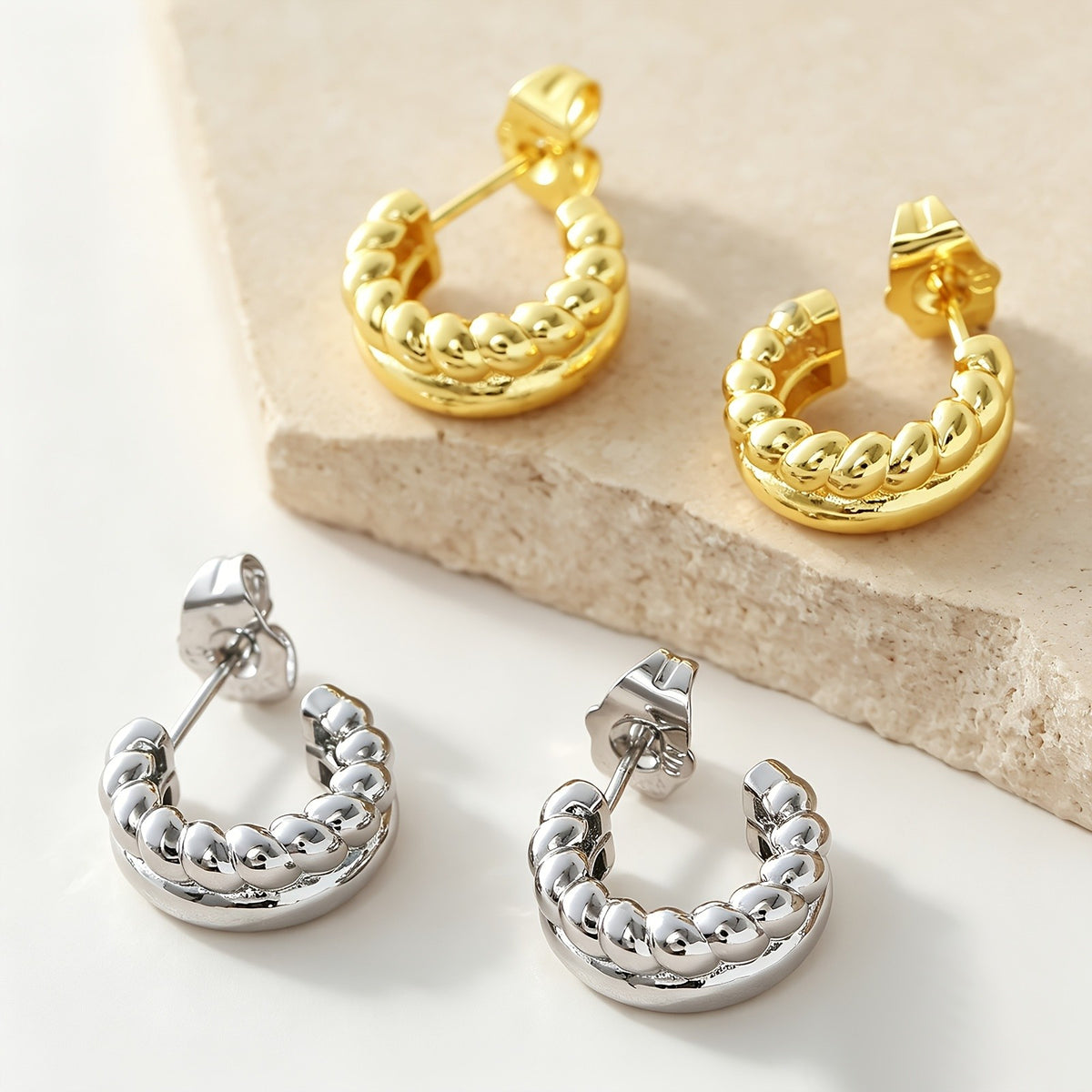 18k Classy Double Row Bead C-Hoop Earrings