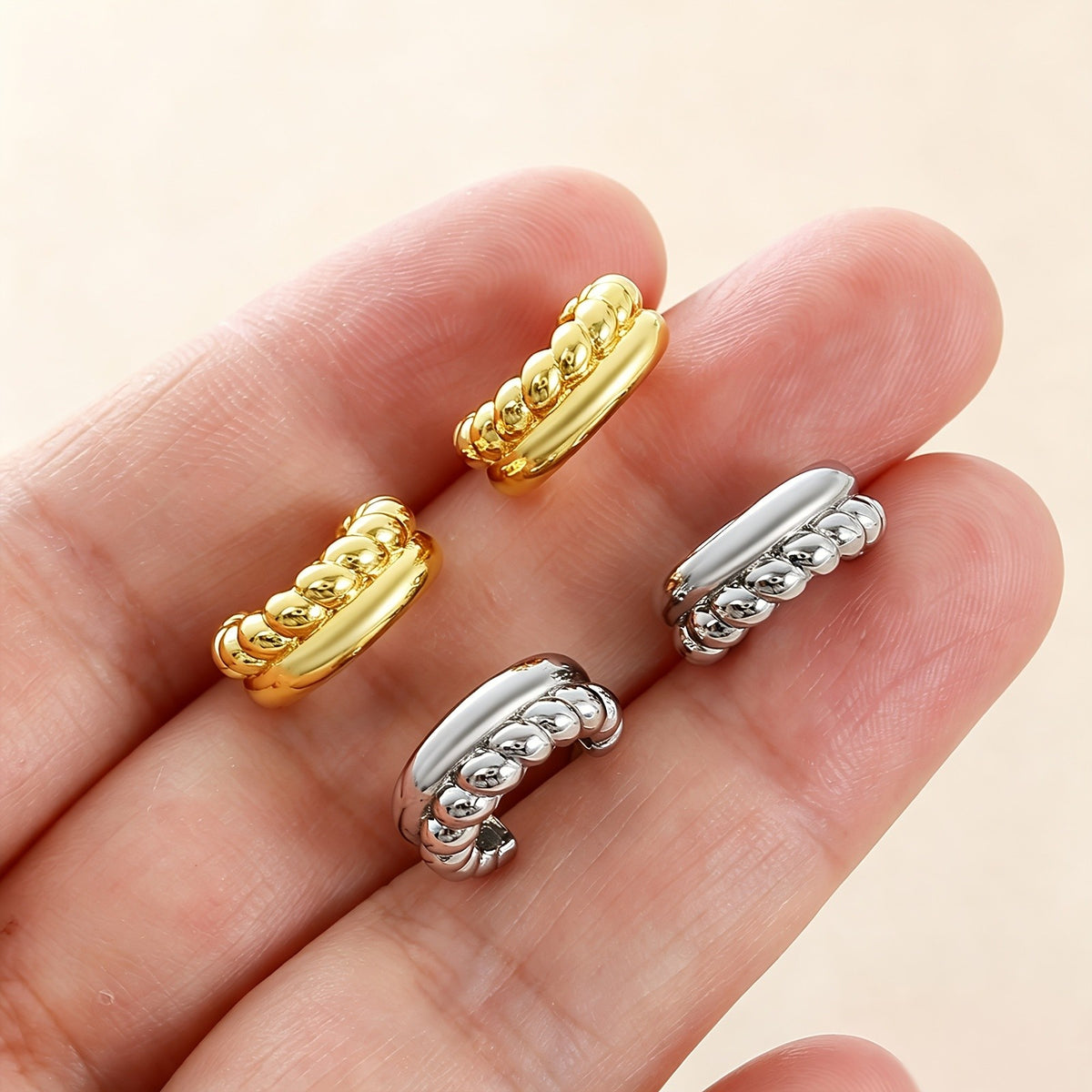 18k Classy Double Row Bead C-Hoop Earrings