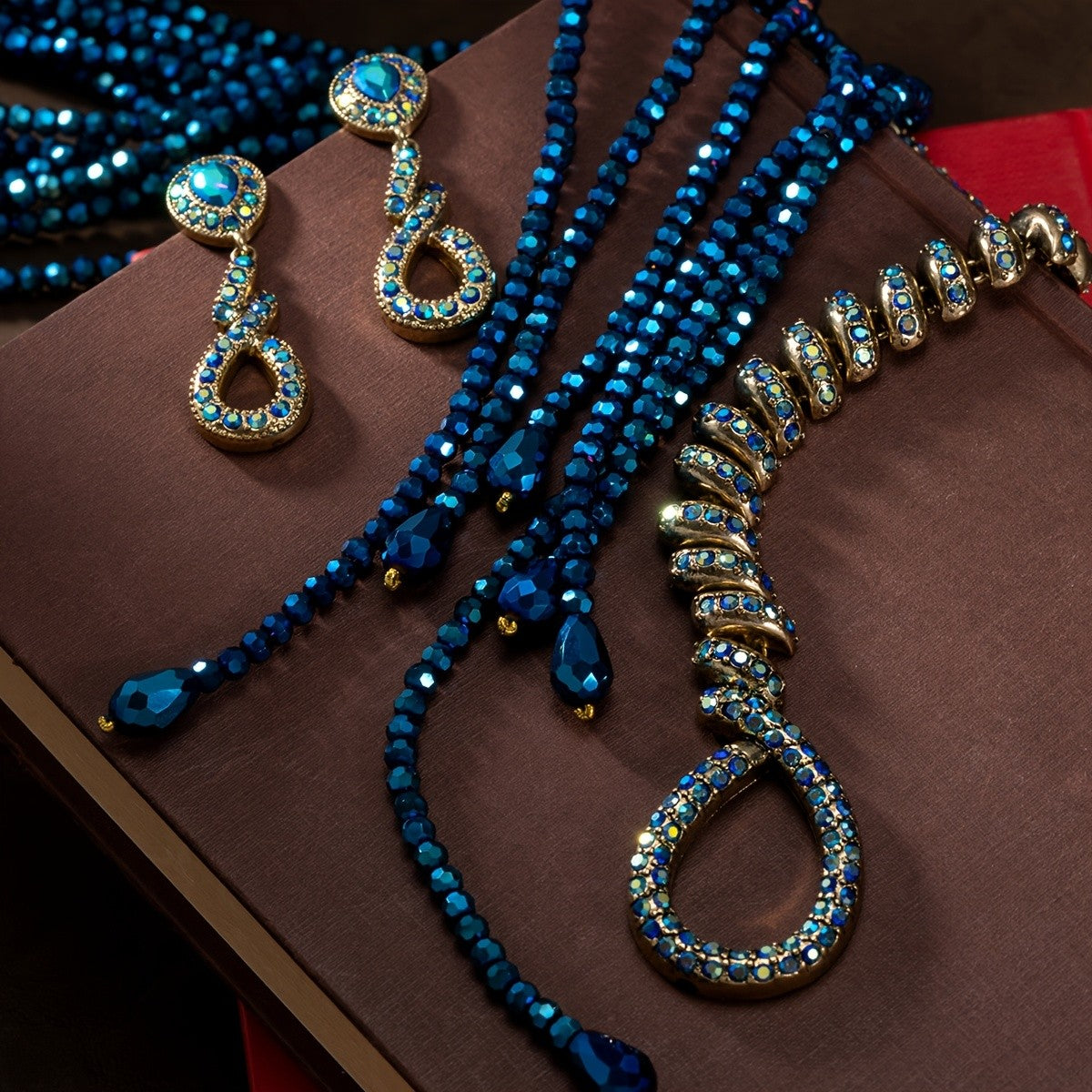Vintage Blue Bead Tassel Necklace & Earring Set