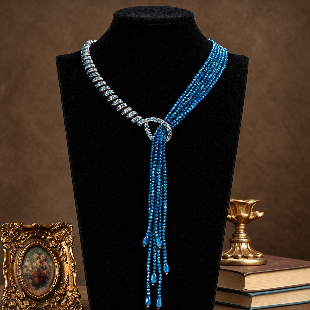 Vintage Blue Bead Tassel Necklace & Earring Set