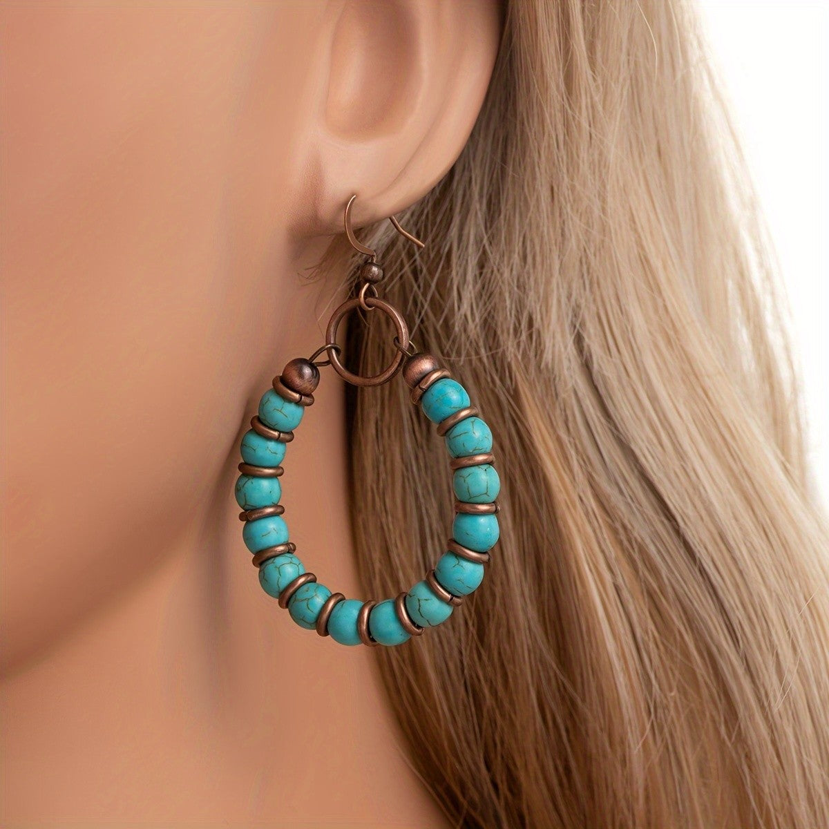 Boho Synthetic Turquoise Beaded Hoop Earrings