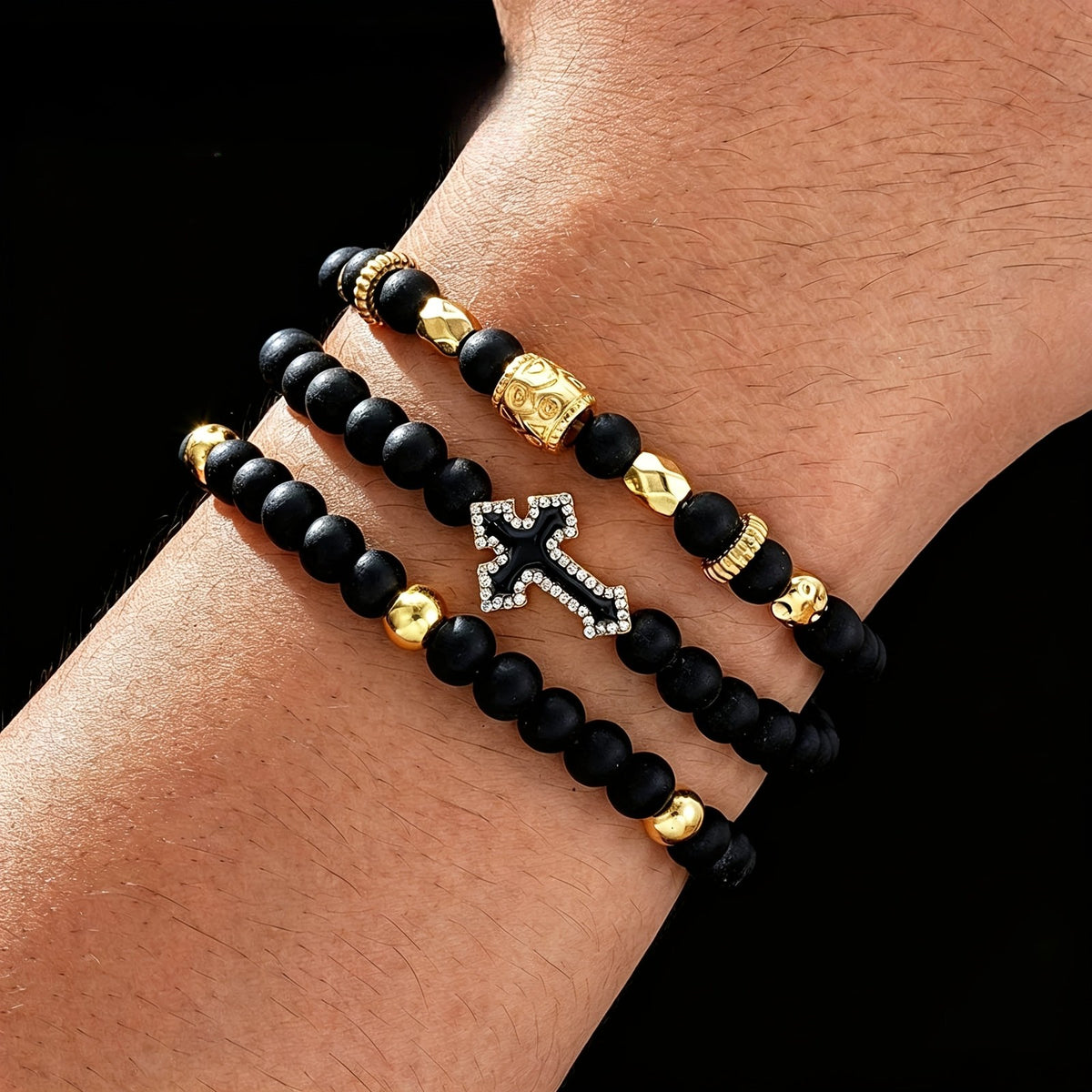 3pc Edgy Black Bead Cross Bracelet Set