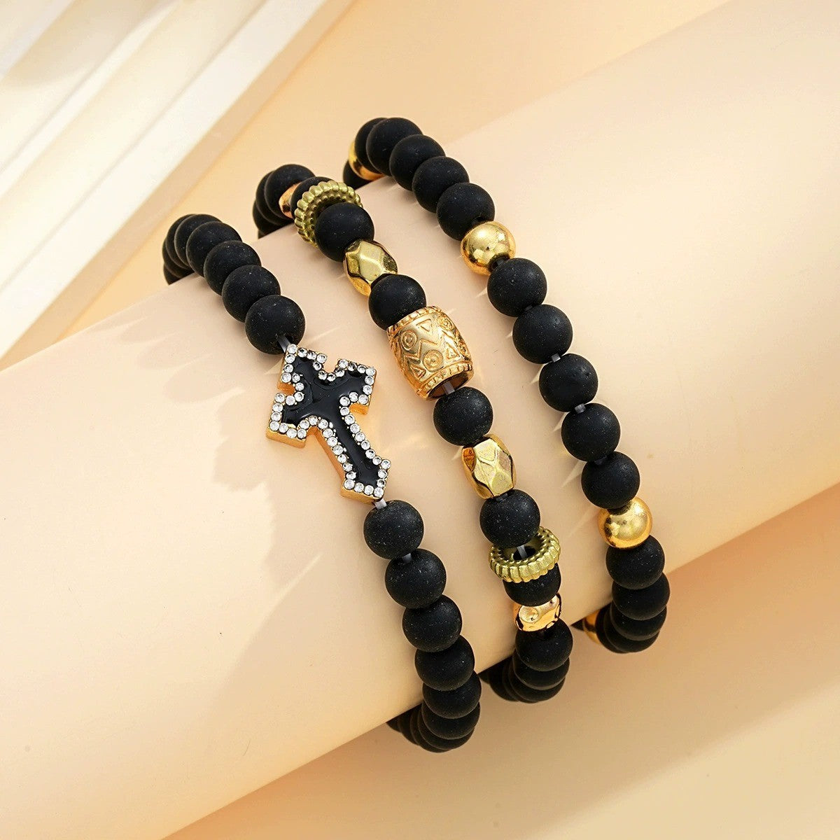 3pc Edgy Black Bead Cross Bracelet Set