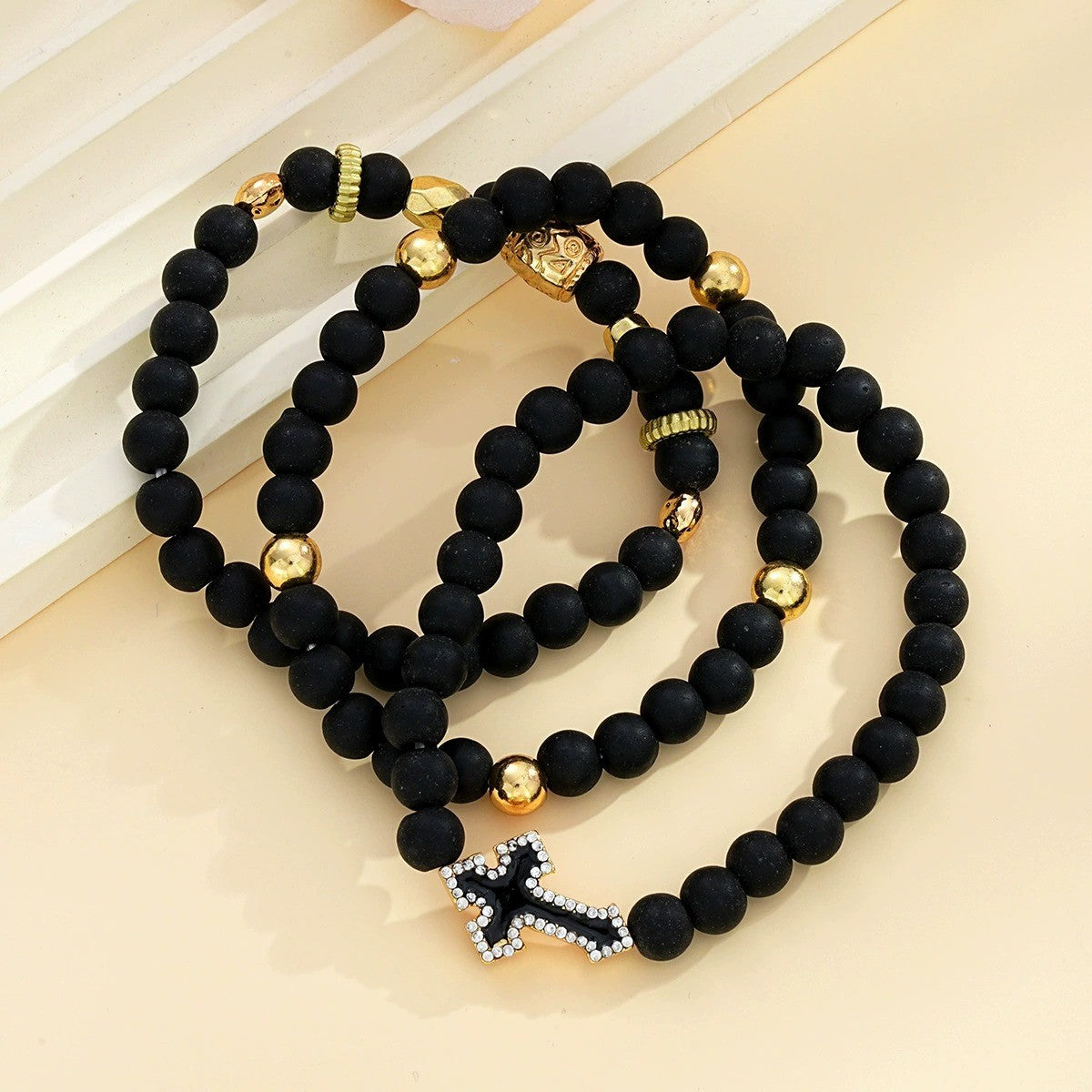 3pc Edgy Black Bead Cross Bracelet Set