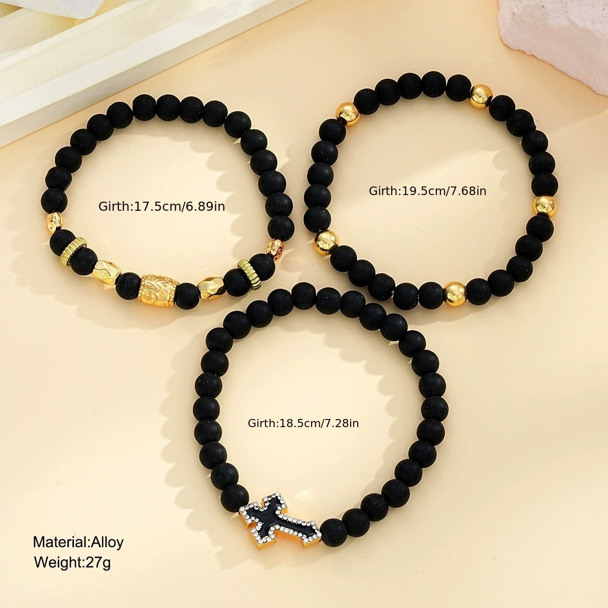 3pc Edgy Black Bead Cross Bracelet Set