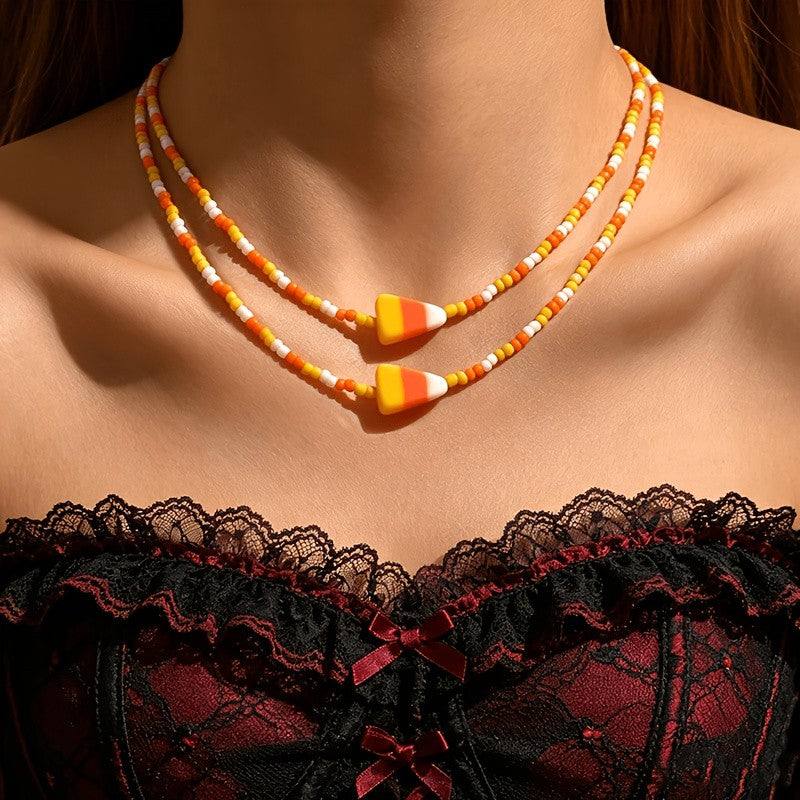 2pc Boho Candy Corn Beaded Necklace Set