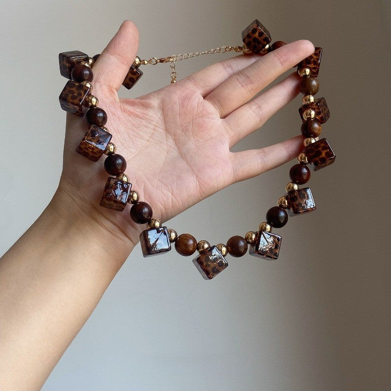 Vintage Leopard Print Square Bead Necklace