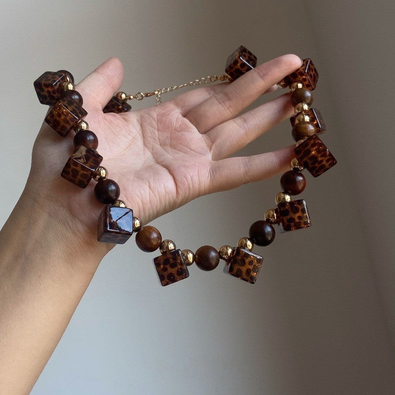 Vintage Leopard Print Square Bead Necklace