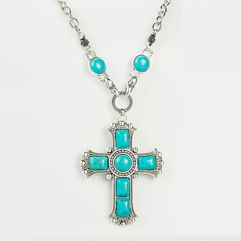 Boho Faux Turquoise Cross Necklace