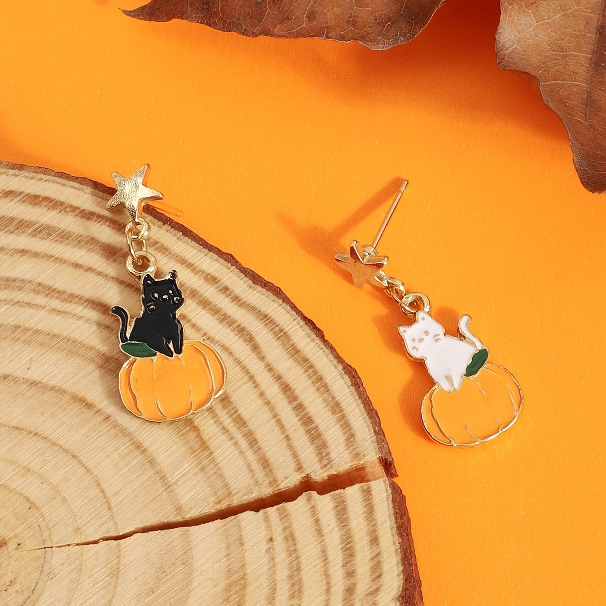 Cute Halloween Cat Pumpkin Earrings