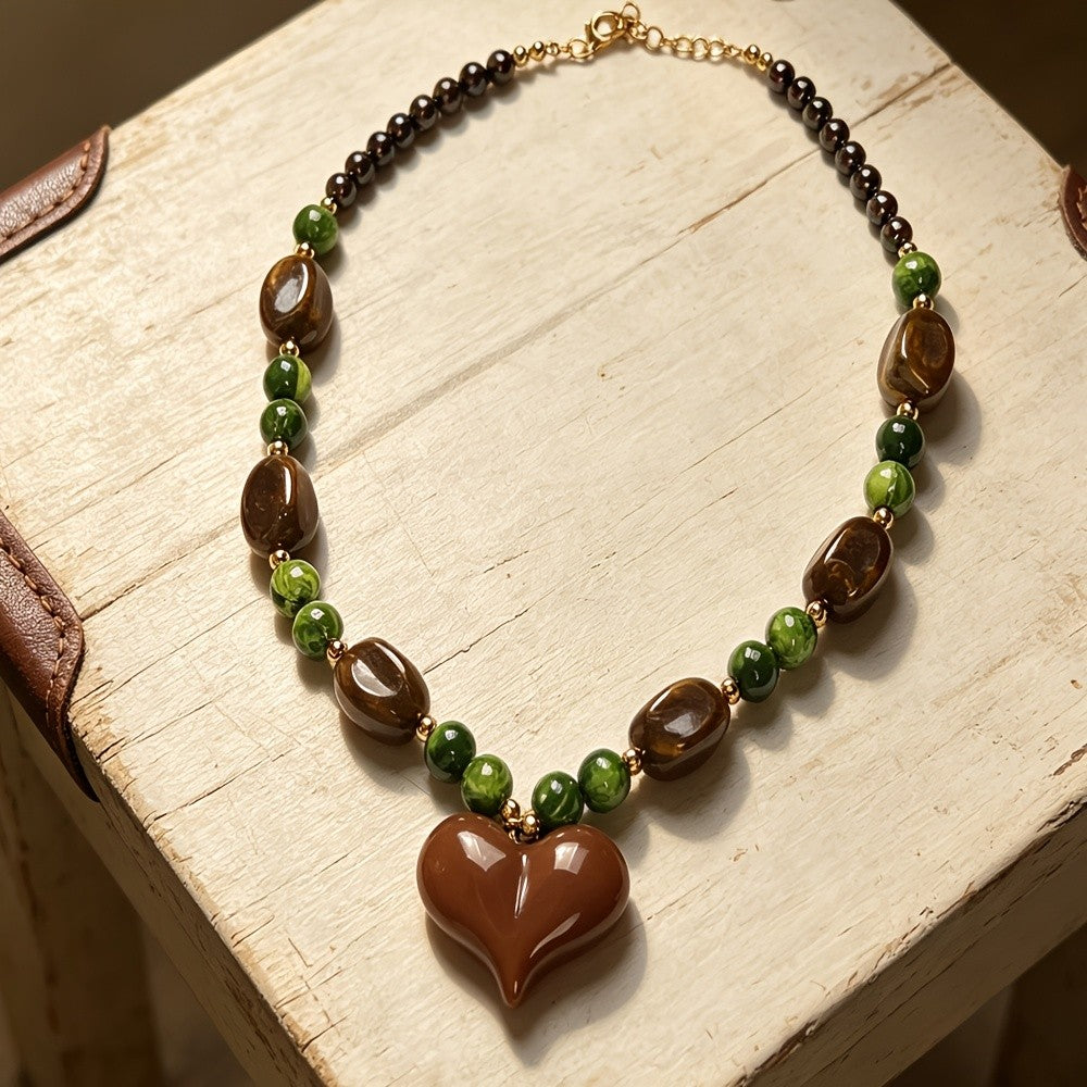 Vintage Brown Resin Heart Beaded Necklace
