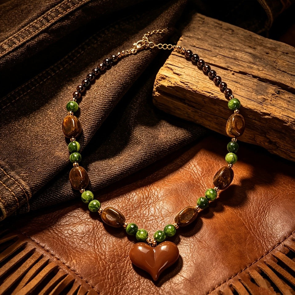 Vintage Brown Resin Heart Beaded Necklace