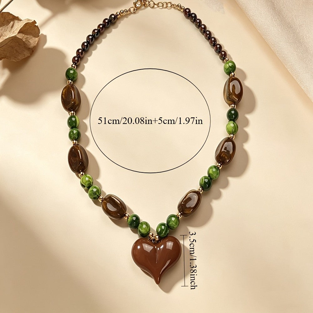 Vintage Brown Resin Heart Beaded Necklace