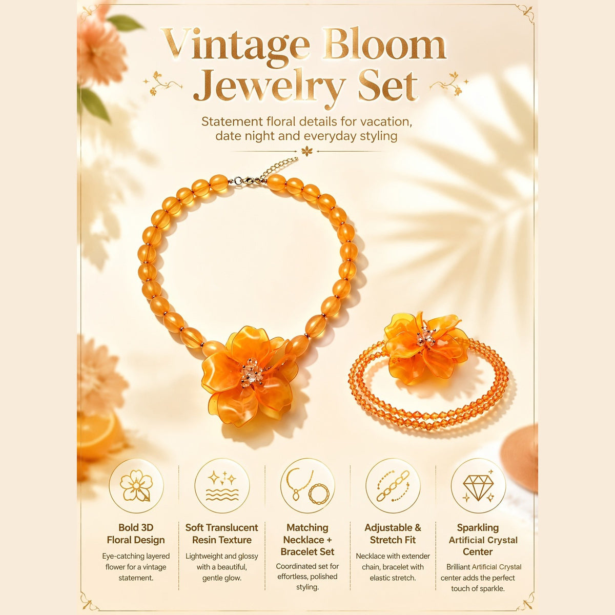 Romantic Orange Acrylic Flower Necklace & Bracelet Set