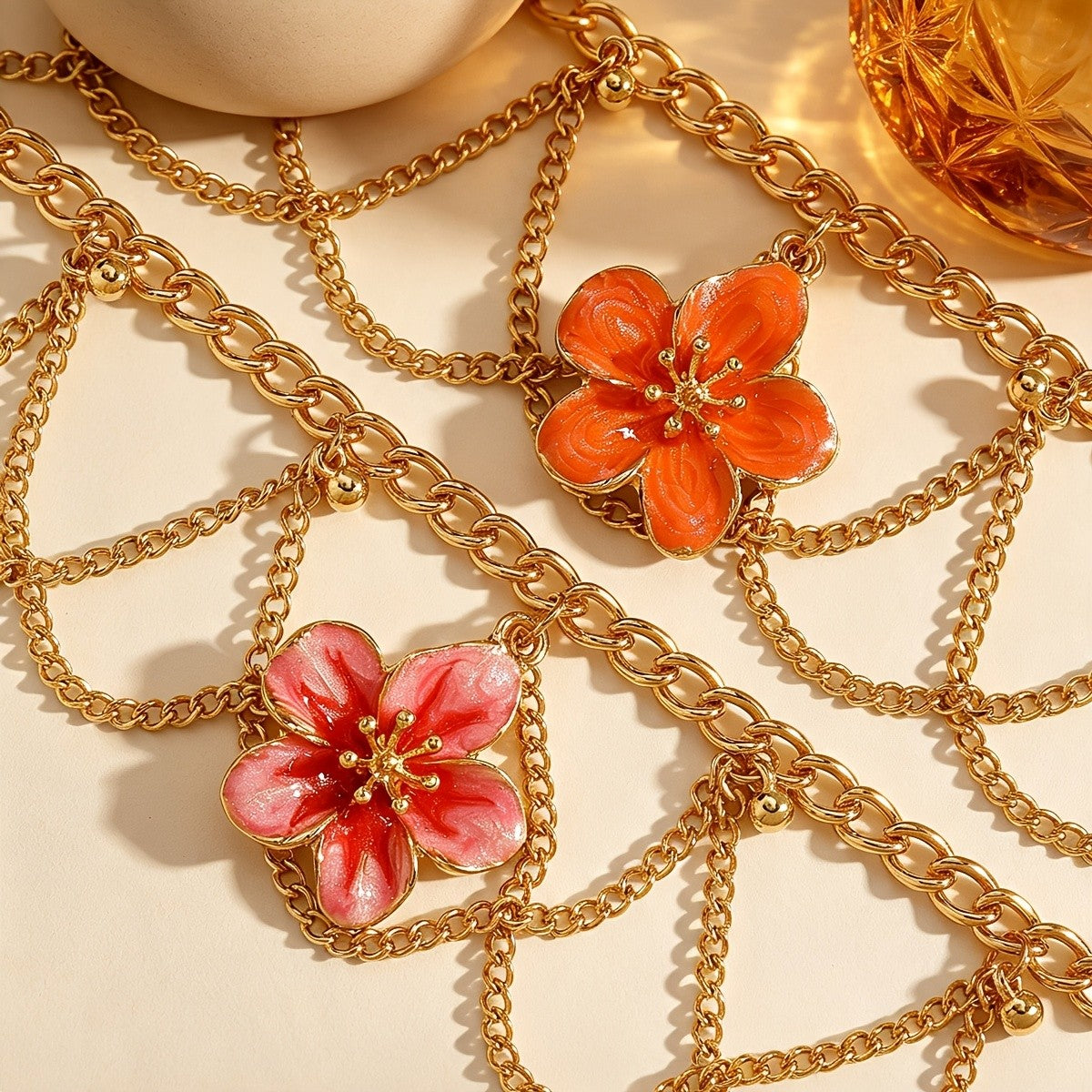 Romantic Pink Flower Multi-Layer Anklet