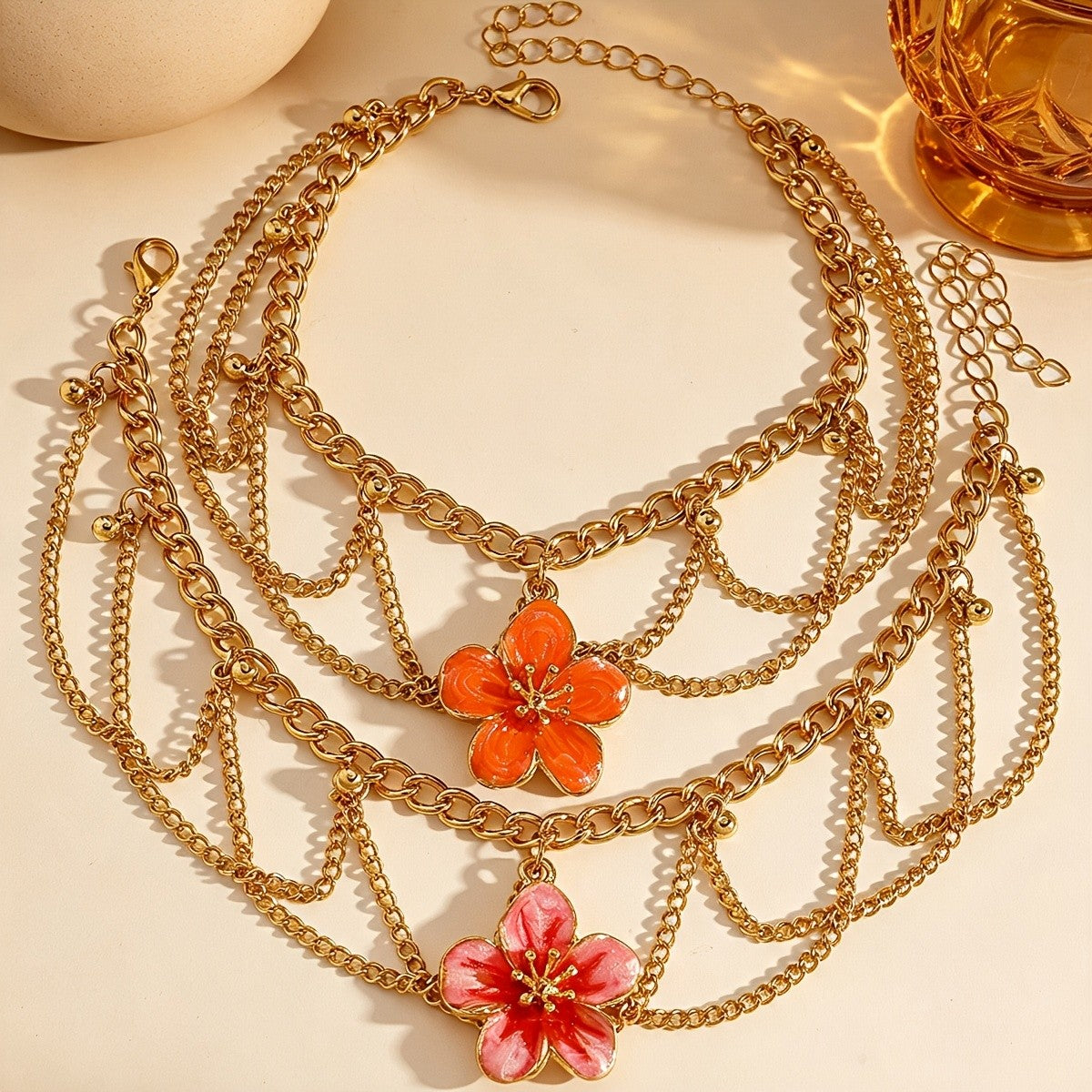 Romantic Pink Flower Multi-Layer Anklet