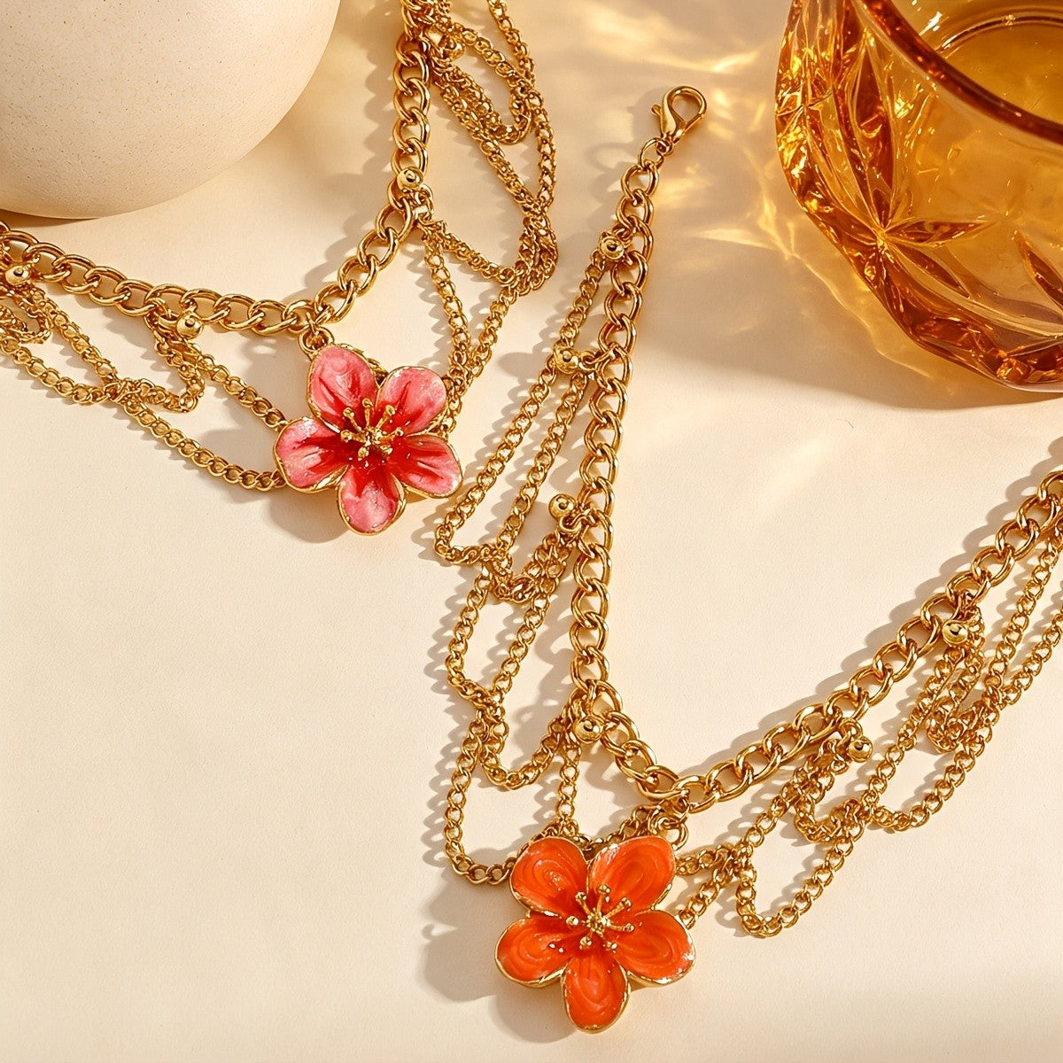 Romantic Pink Flower Multi-Layer Anklet