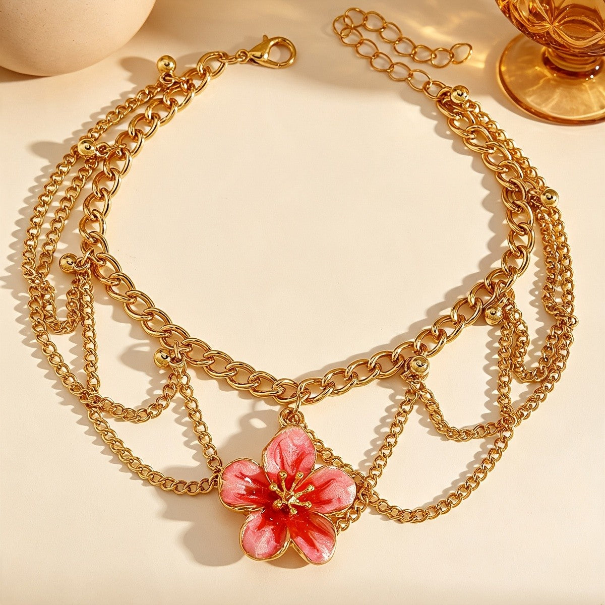 Romantic Pink Flower Multi-Layer Anklet