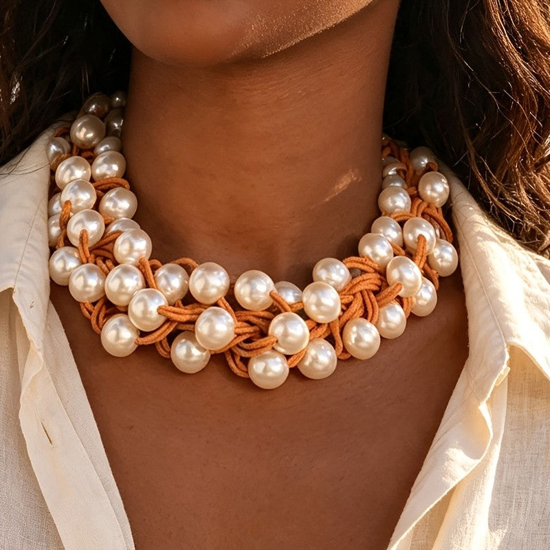 Boho Woven Faux Pearl Choker Necklace