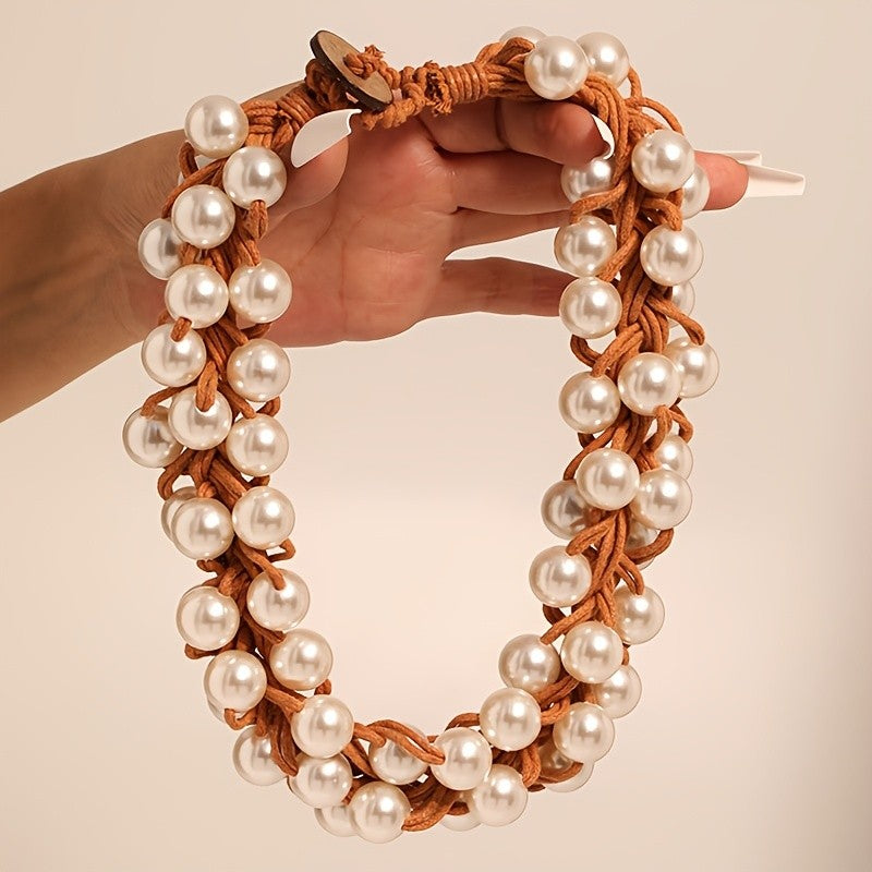 Boho Woven Faux Pearl Choker Necklace