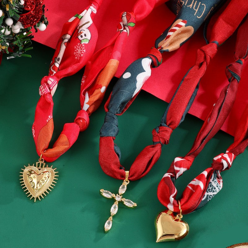 18k Boho Printed Scarf Heart Cross Necklace