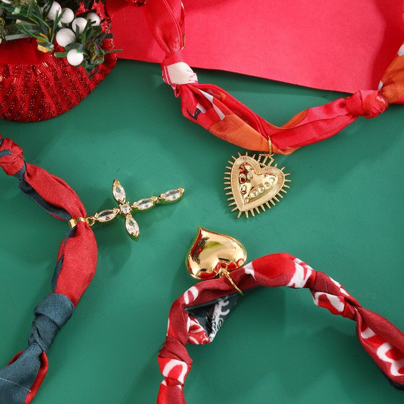 18k Boho Printed Scarf Heart Cross Necklace