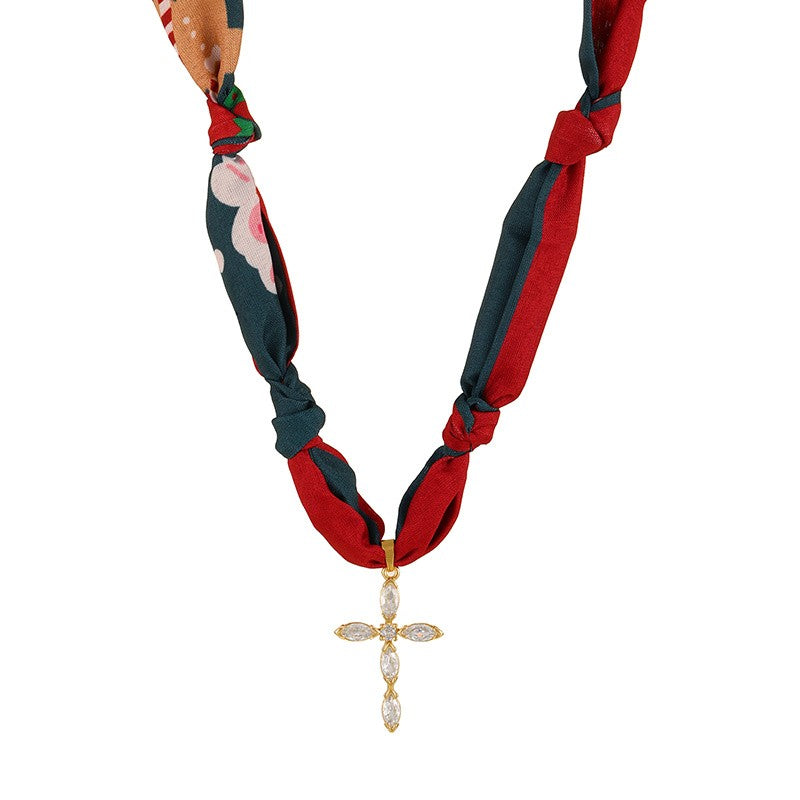 18k Boho Printed Scarf Heart Cross Necklace