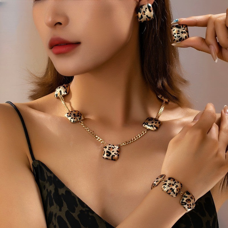 14k Boho Leopard Print Square Jewelry Set