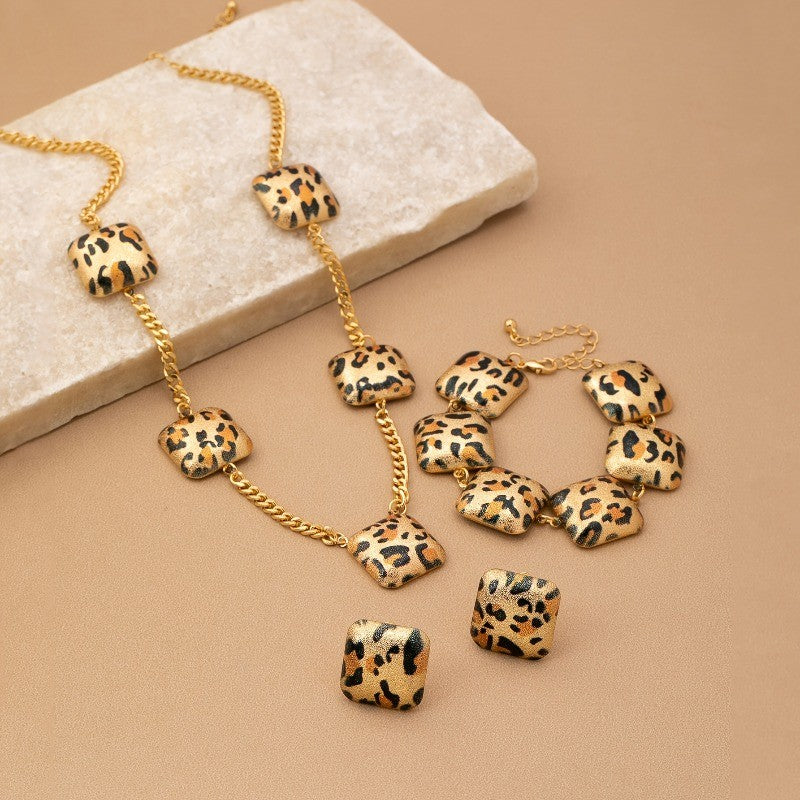 14k Boho Leopard Print Square Jewelry Set