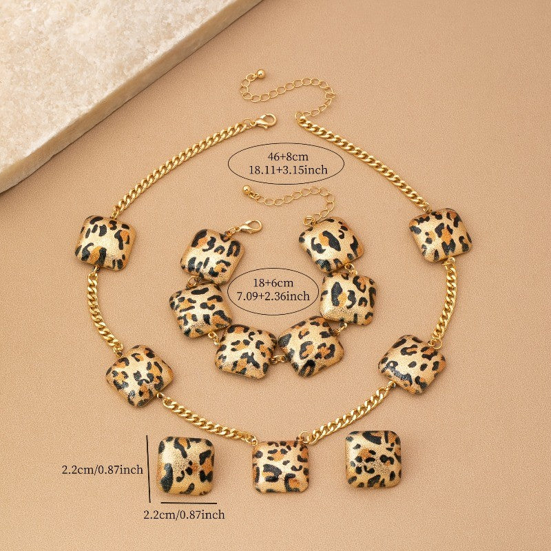 14k Boho Leopard Print Square Jewelry Set
