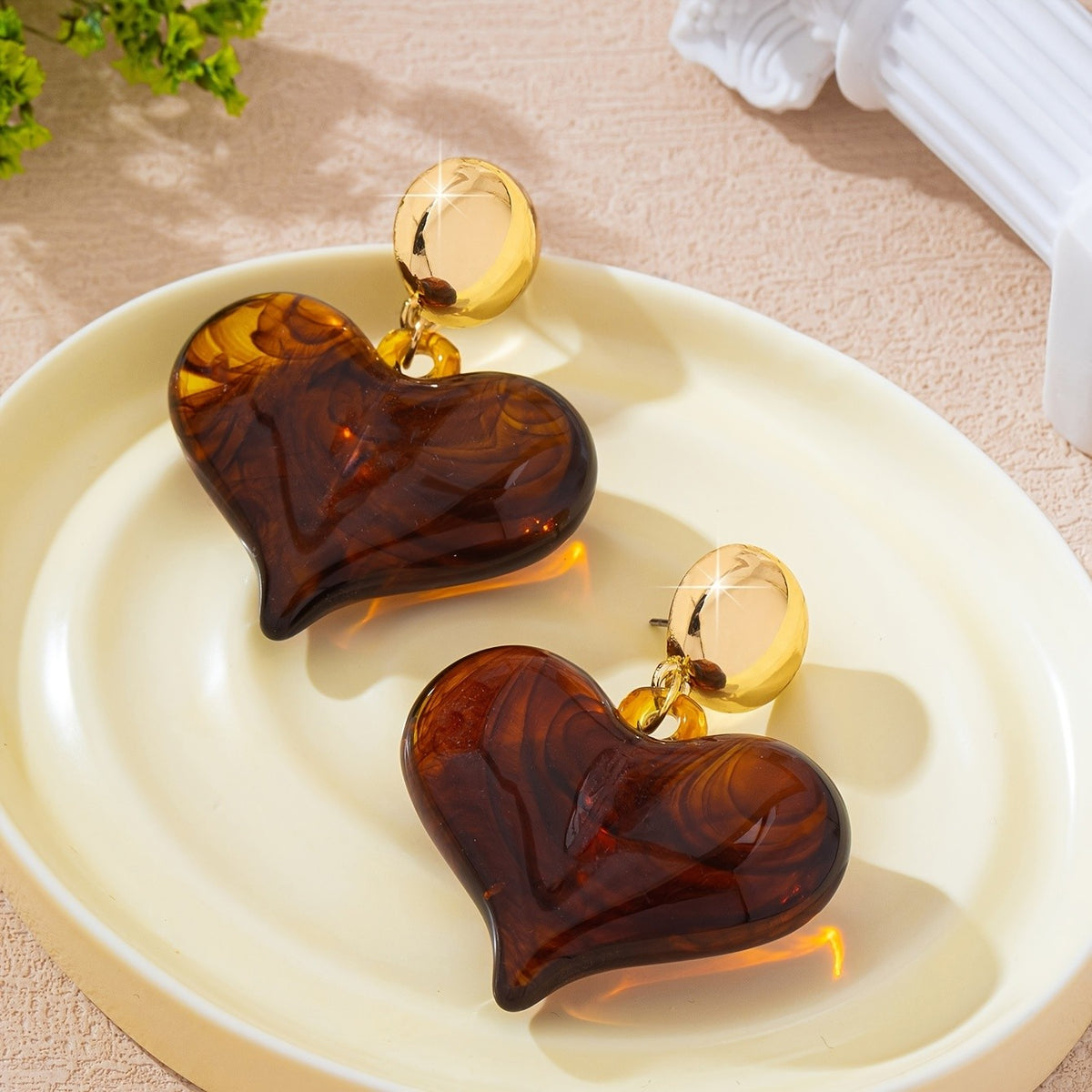 Elegant Tortoiseshell Acrylic Heart Drop Earrings