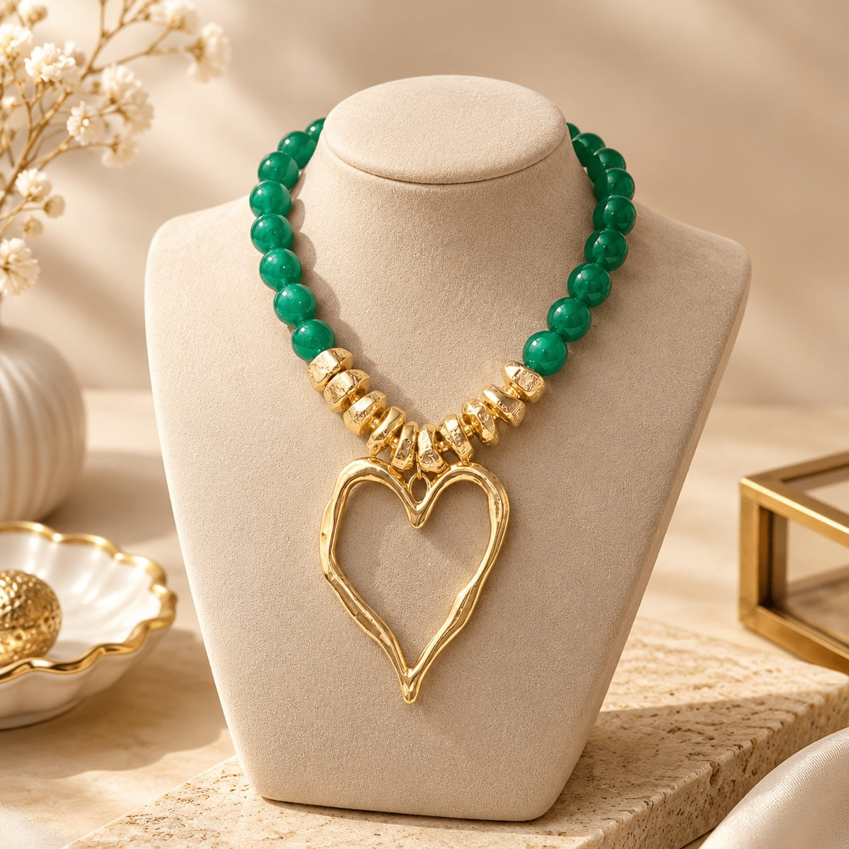 Boho Emerald Bead Open Heart Necklace