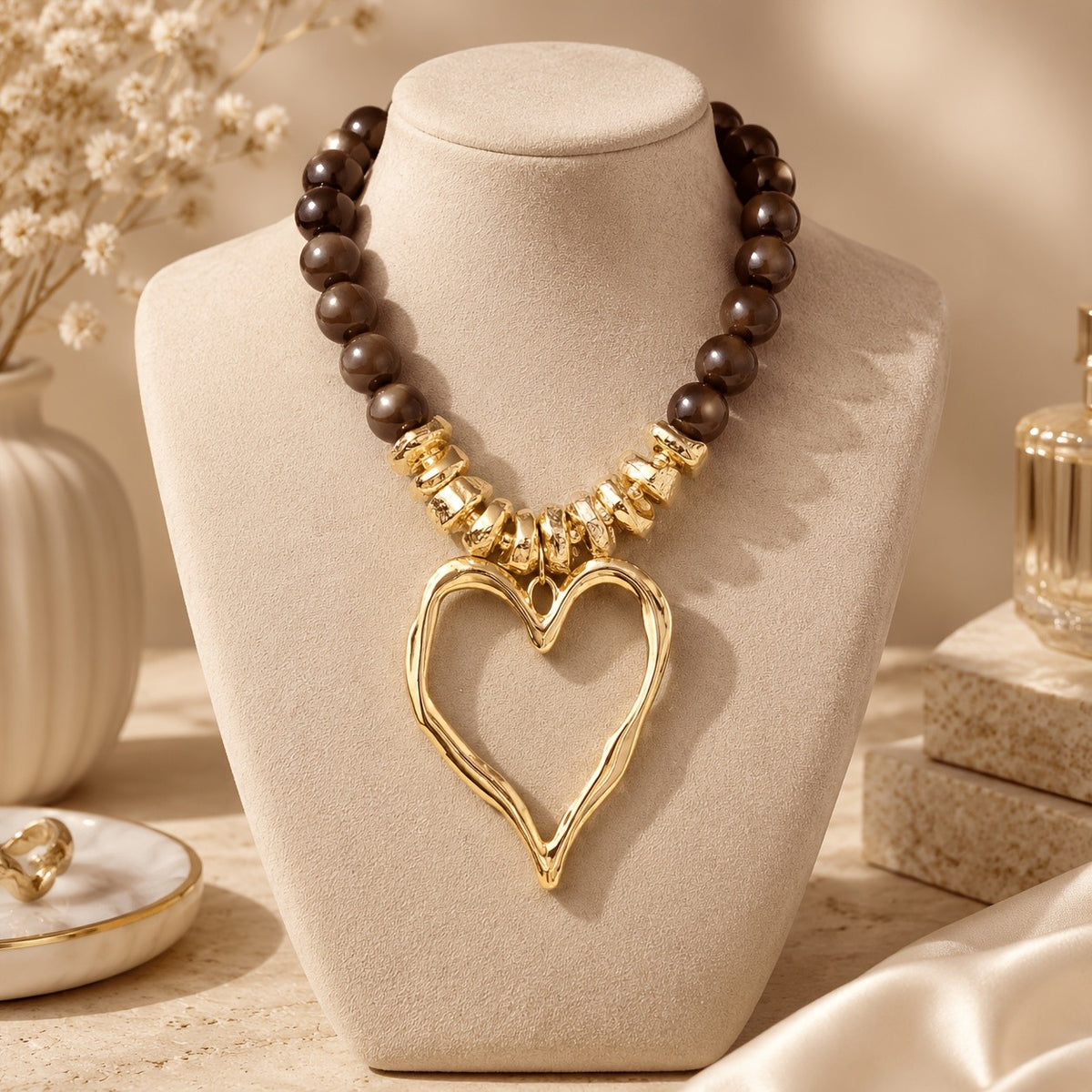 Boho Emerald Bead Open Heart Necklace