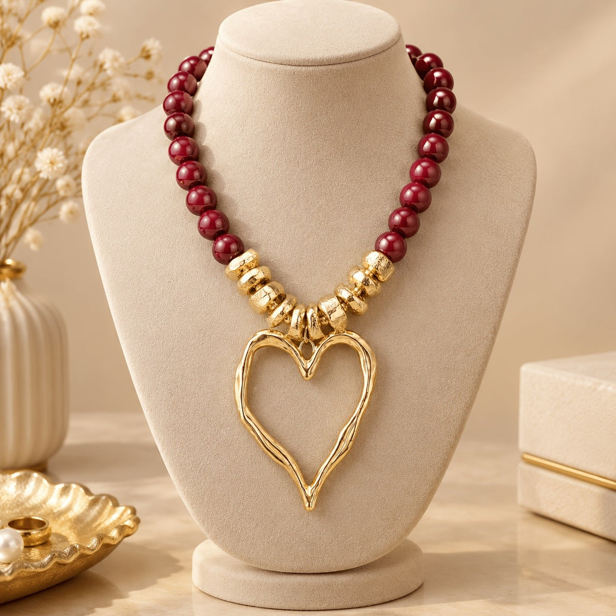 Boho Emerald Bead Open Heart Necklace