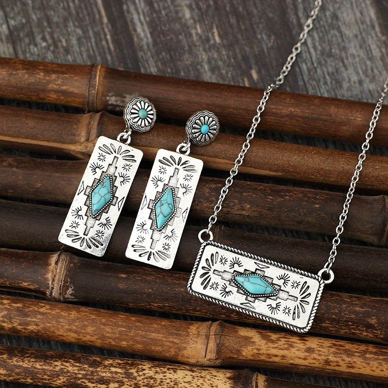 Boho Vintage Turquoise Necklace & Earring Set
