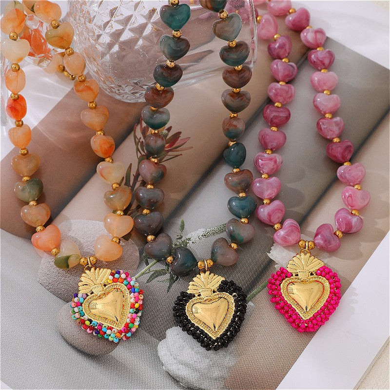 18k Boho Beaded Heart Charm Necklace