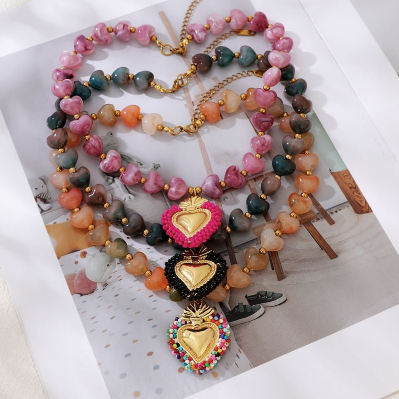 18k Boho Beaded Heart Charm Necklace