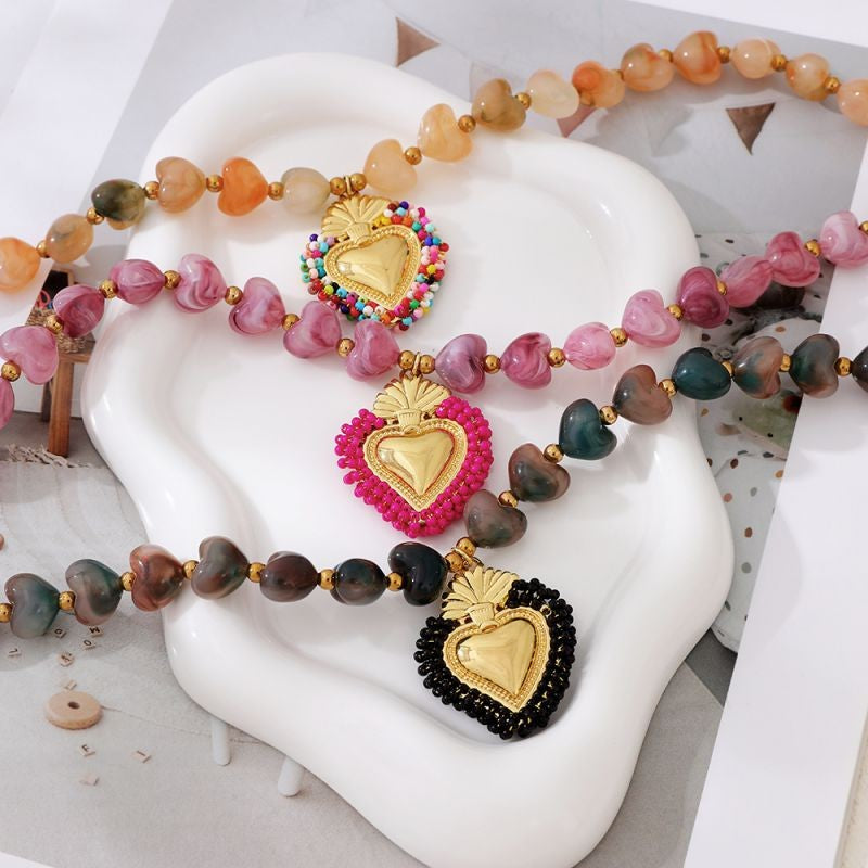 18k Boho Beaded Heart Charm Necklace