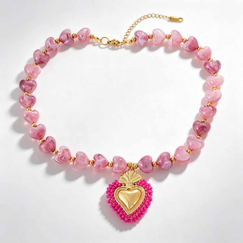 18k Boho Beaded Heart Charm Necklace