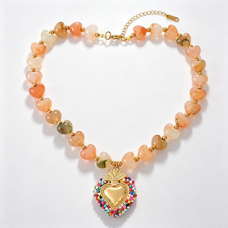 18k Boho Beaded Heart Charm Necklace