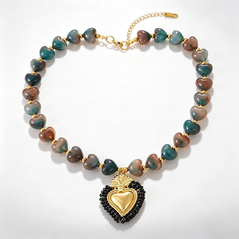 18k Boho Beaded Heart Charm Necklace