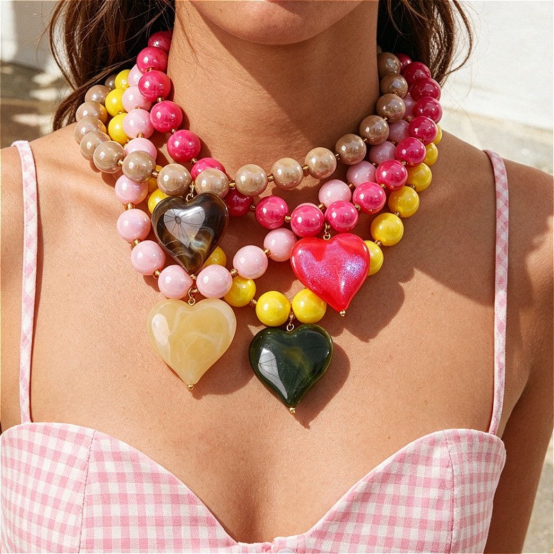 18k Boho Chunky Heart Bead Necklace