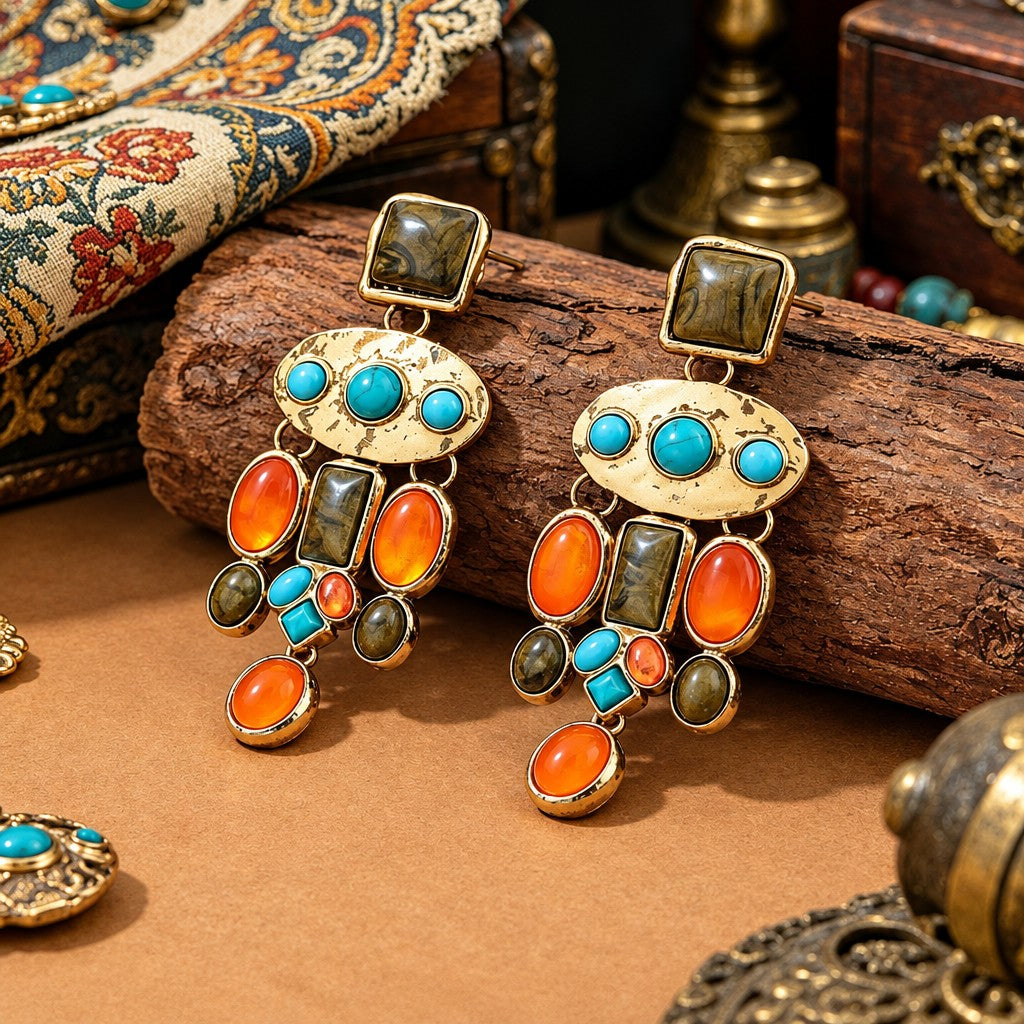 Boho Vintage Multi-Stone Drop Earrings